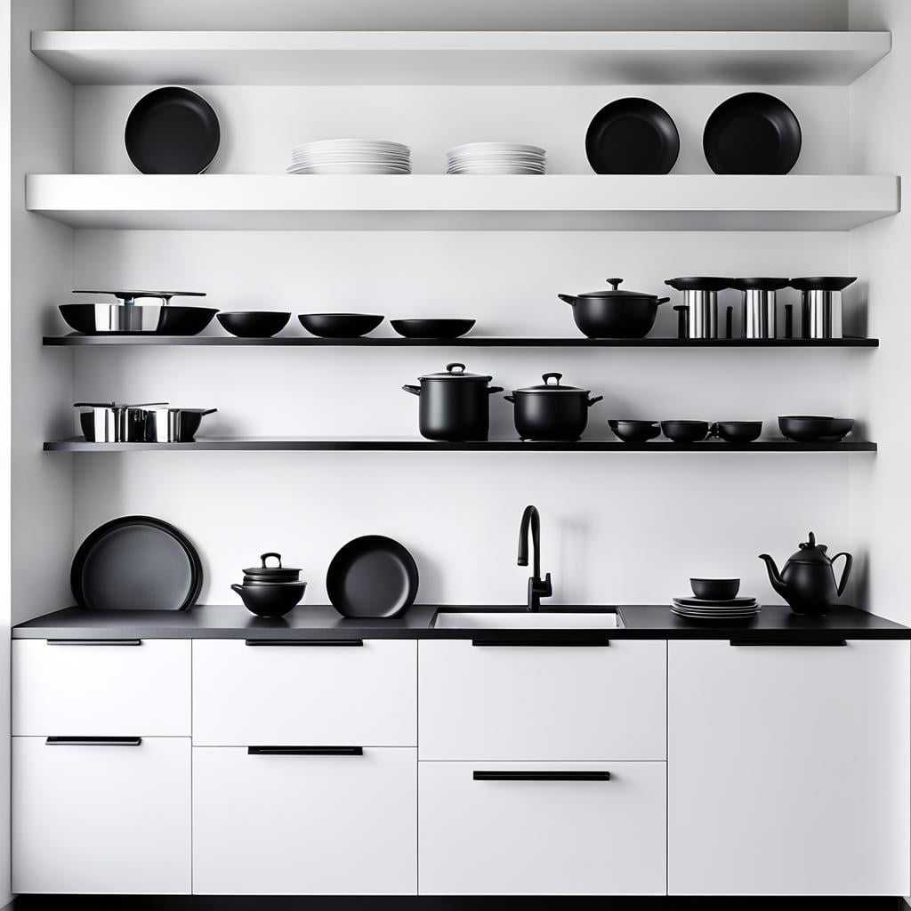 Open storage in a black and white kitchen