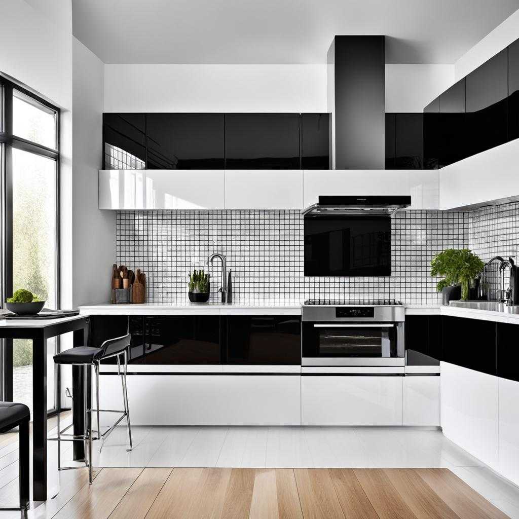 high-gloss tiles and dramatic hardwood floors