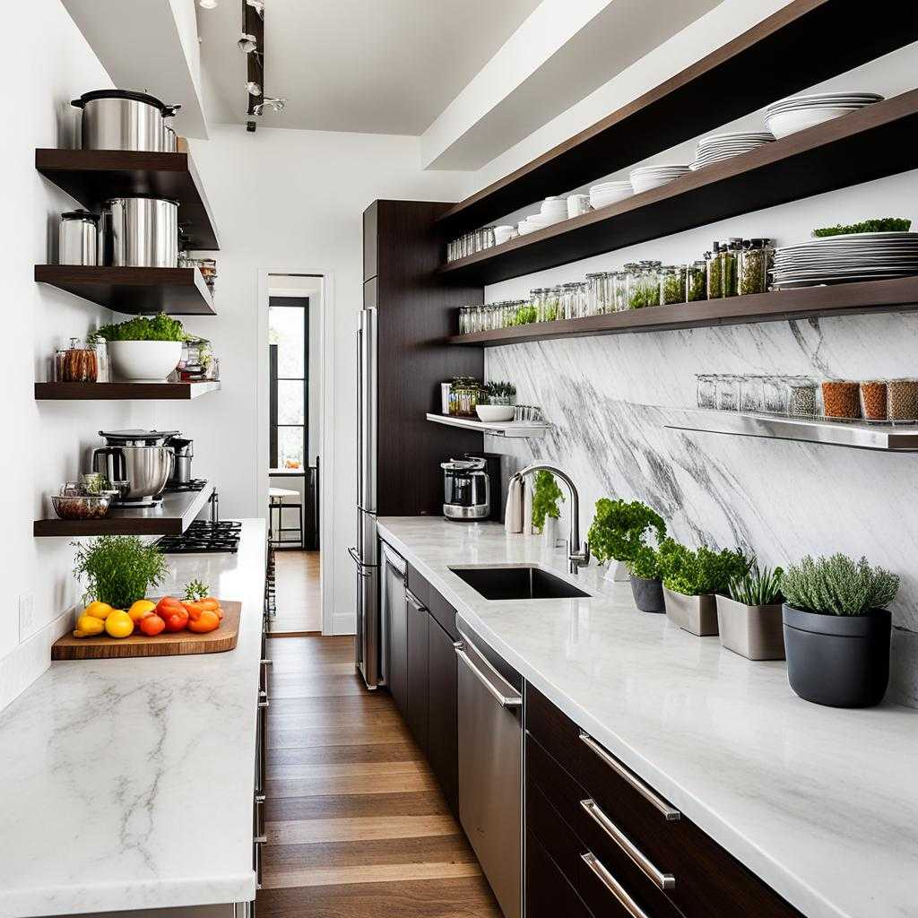 galley kitchen open shelving