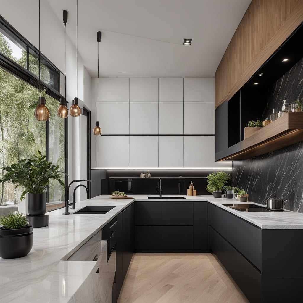 small kitchen with black cabinets and natural lighting