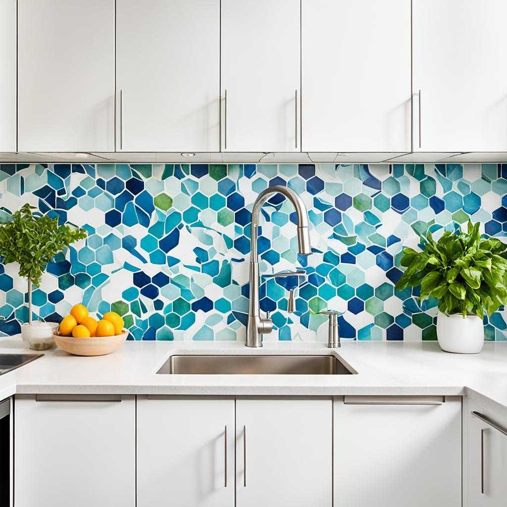 white kitchen cabinets with colorful backsplash