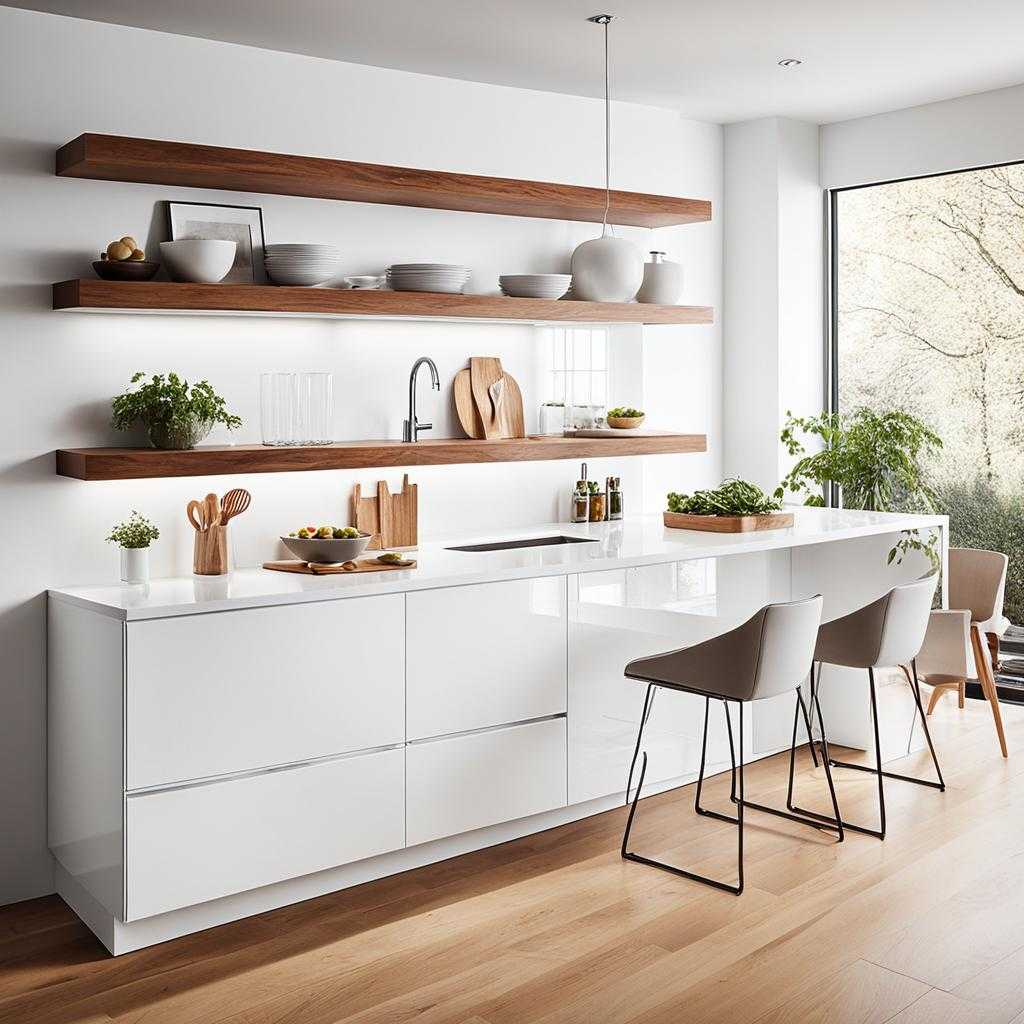 white kitchen cabinets with wood accents