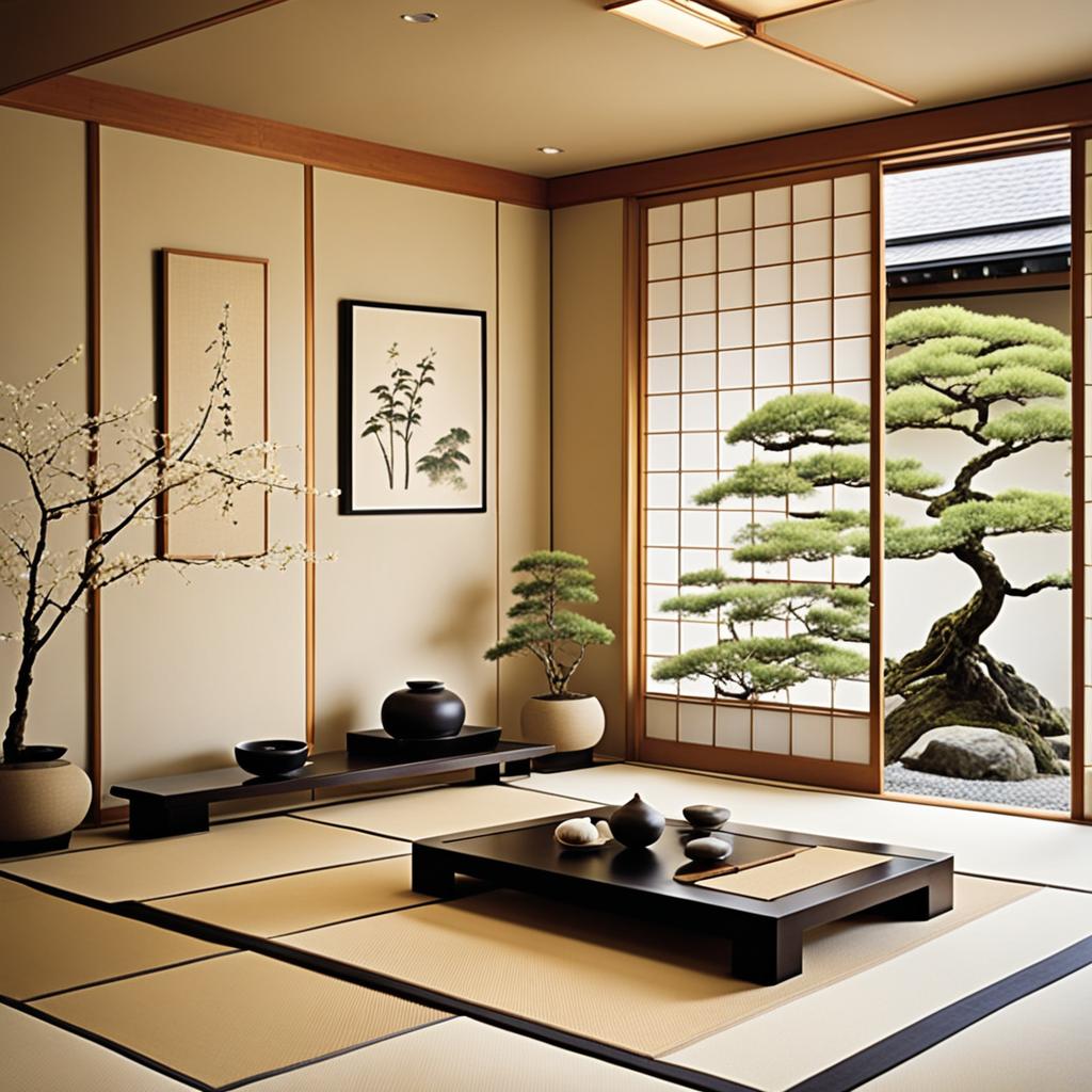 zen decor elements with bonsai trees and ikebana arrangements